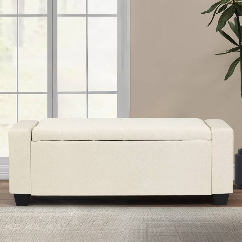 Adeco Rectangle Storage Ottoman Bench for Living Room, Bedroom - Beige-18"H