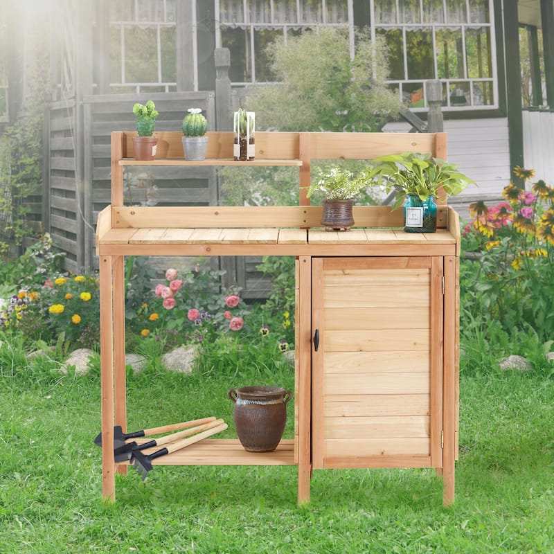 Anmytek Wooden Potting Bench Table with Sink and Storage Shelves Outdoor Garden Workstation for Patio - 42*17*43.5