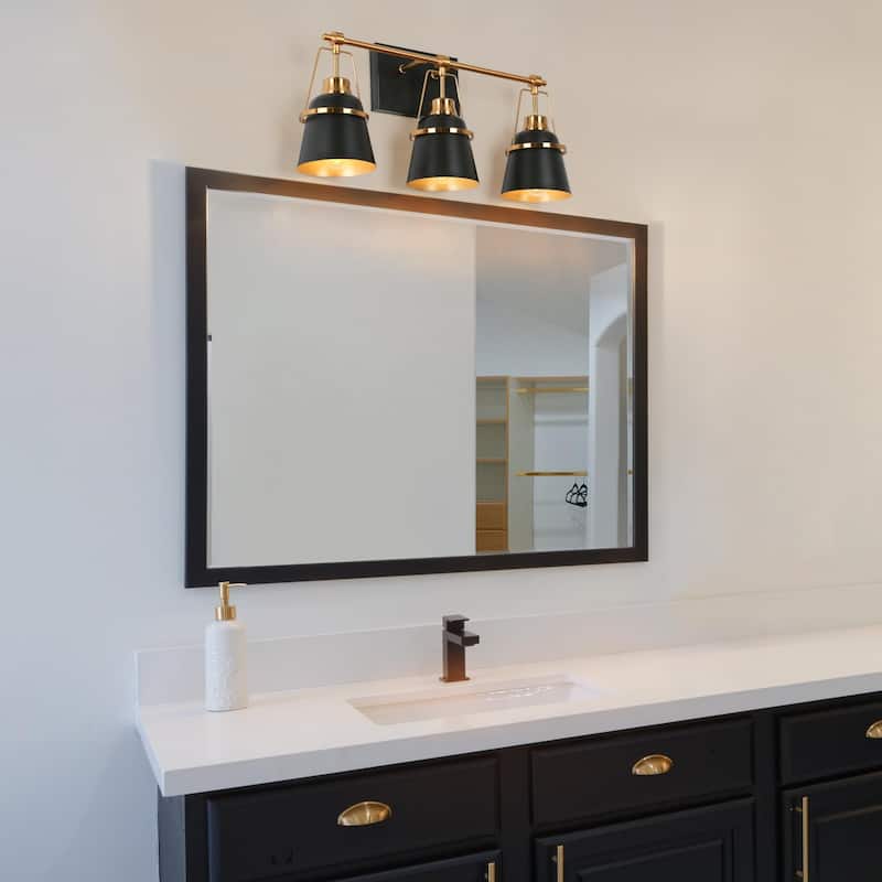 Modern Contemporary Black Gold 3-Light Bathroom Vanity Lights with Cone Metal Shade - L 21.5'' x W 5.7'' x H 10''