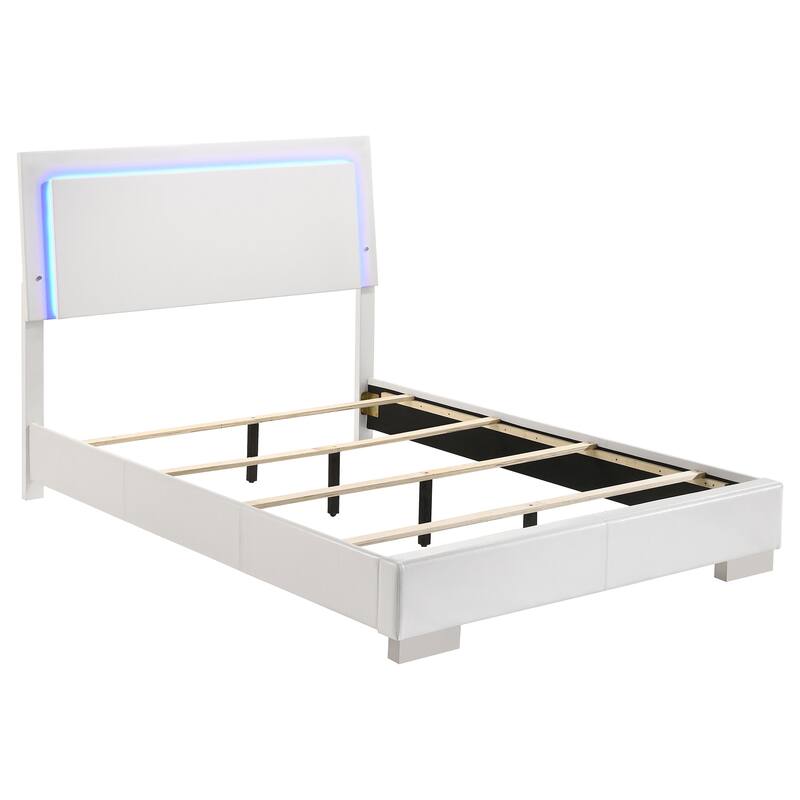 Sok 4pc Full Bedroom Set, Blue LED Lights, Faux Leather, White Wood