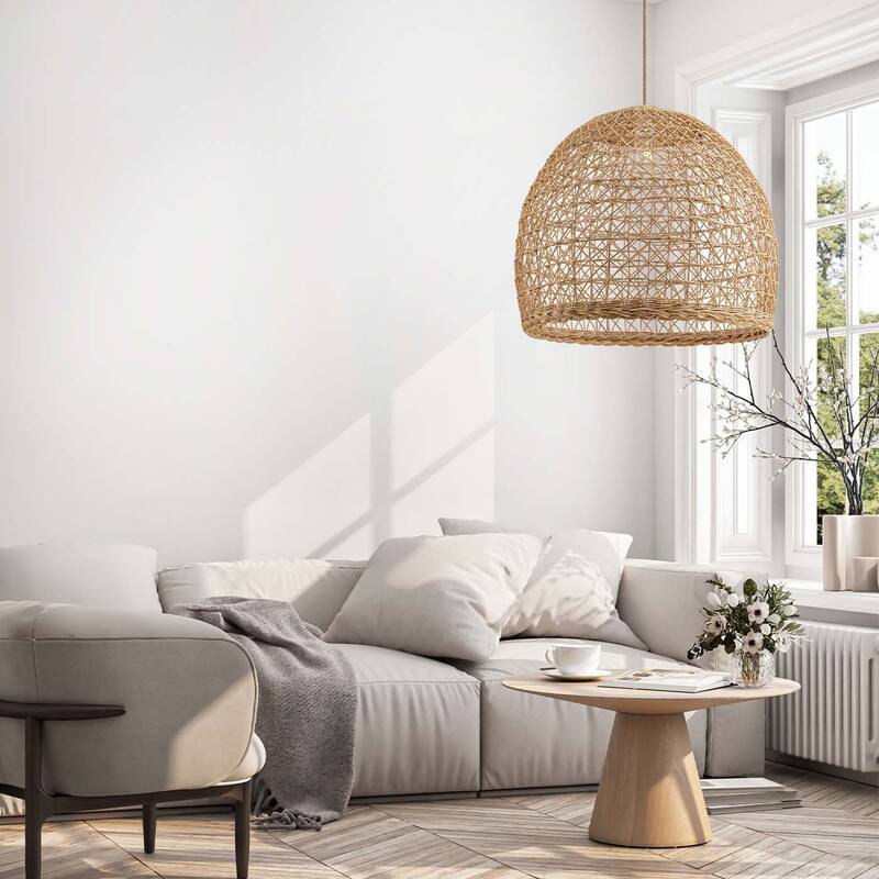 Lumiere Brown Rattan Pendant – Medium Statement Light Fixture for Kitchen Island, or Living Room in Boho, Japandi & Modern Style