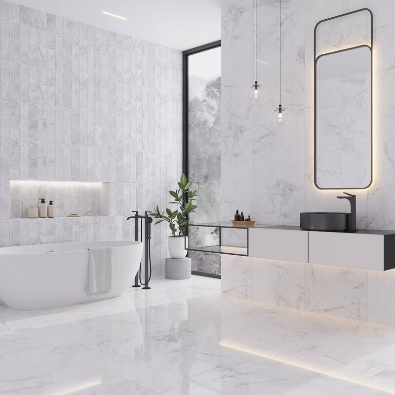 Apollo tile 16" x 48" Strata Matte Light Grey White Ceramic Tile (15.5 sq ft/case) - 3 Pack - White
