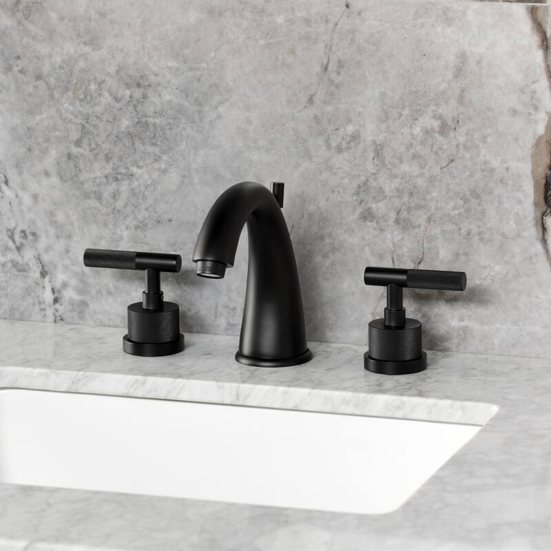 Kingston Brass Convergent Two-Handle 3-Hole Deck Mount Widespread Bathroom Faucet with Knurled Handle and Brass Pop-Up Drain