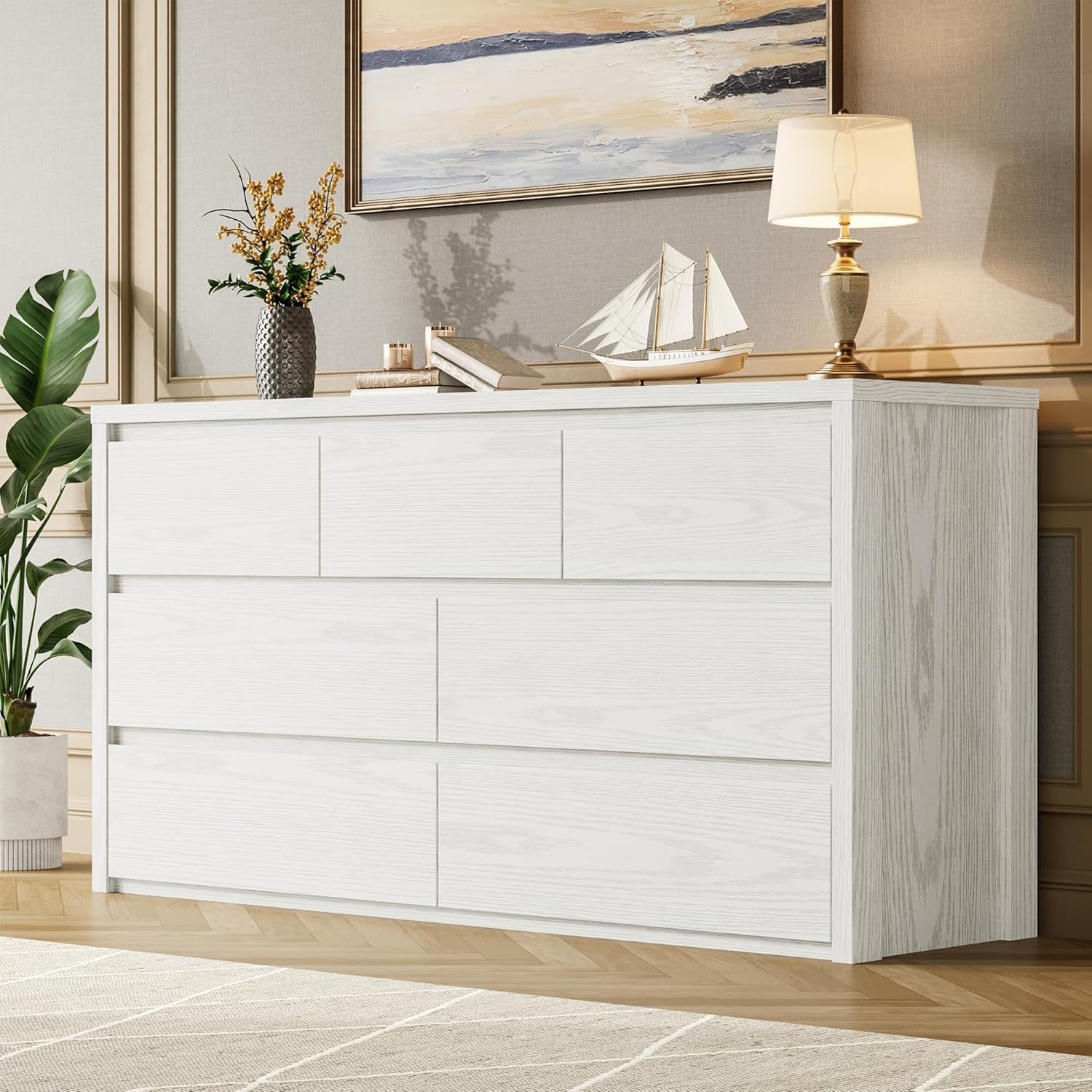 7 Drawer Wide Dresser, Modern Wooden Storage Chest for Living Room, Hallway