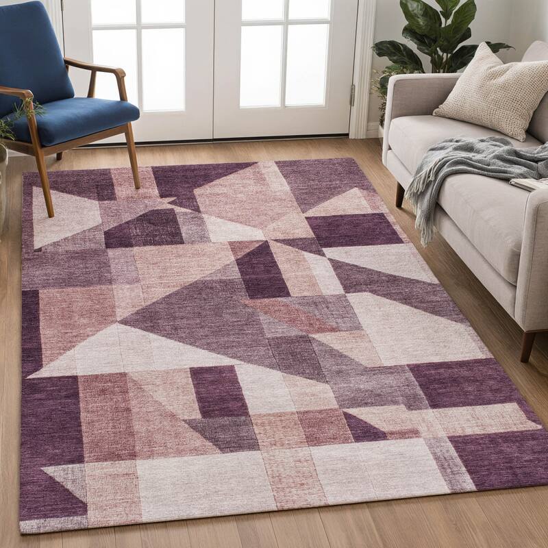 Machine Washable Indoor/ Outdoor Modern Geo Chantille Rug
