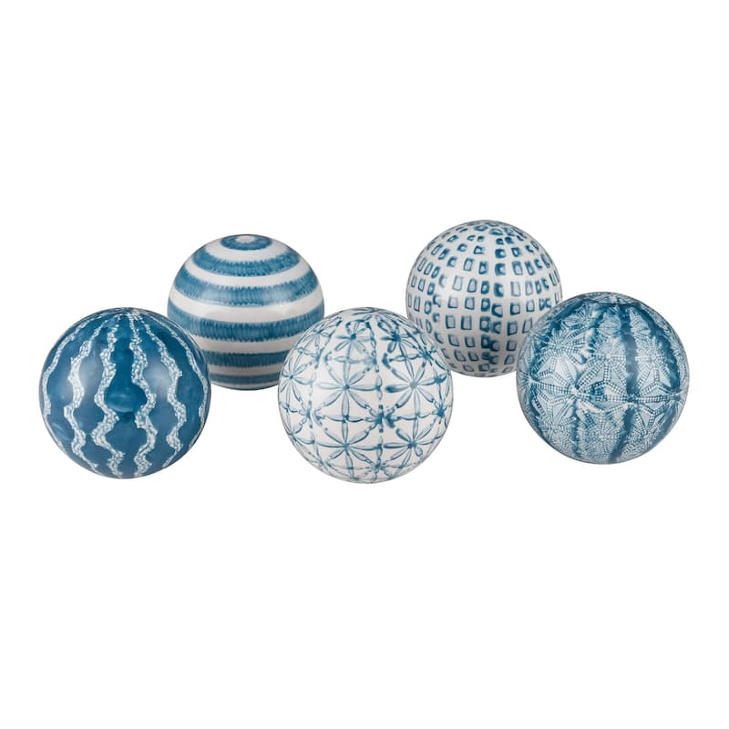 Hand-Painted Ceramic Orb Decorations - 4" - Blue and White - Set of 5