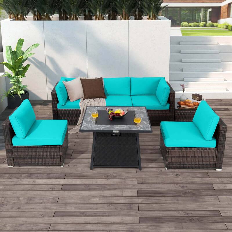 Costway 7 PCS Patio Furniture Set with 35" Propane Gas Fire Pit Table - See Details - Turquoise