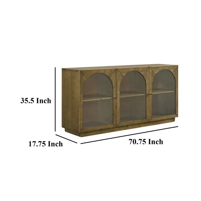 Givy Sideboard Buffet, 3 Arched Glass Doors 71 Inch Natural Brown Wood