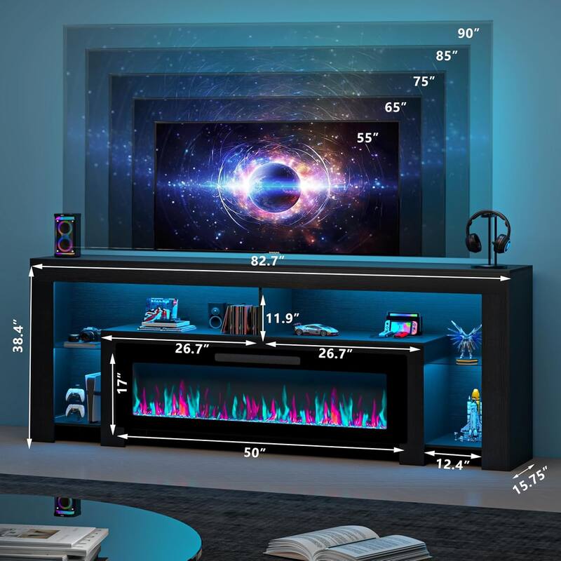 BOSSIN 82" Fireplace TV Stand with 50" Fireplace, Entertainment Center for TVs Up to 90", Console Cabinet With LED Light