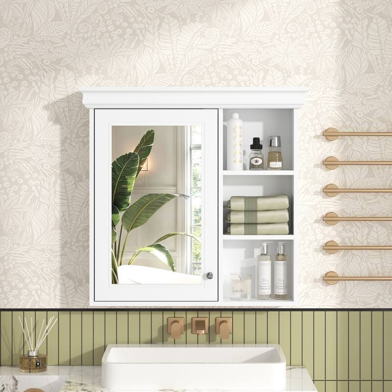 30'' x 28'' Bathroom Cabinet with Mirror, Wall Mounted Mirror Cabinet with Storage Organizer for Bathroom - White