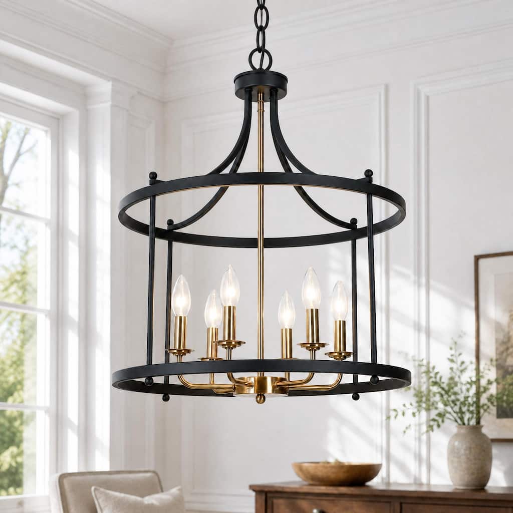 Modern 6-Light Drum Black Gold Chandelier Lantern Pendant for Kitchen Island Foyer - 21.5'' D x 27'' H