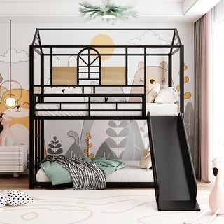 House Shape Design Metal Bunk Bed with Roof and Slide for Extra Fun, Sturdy Frame, Black