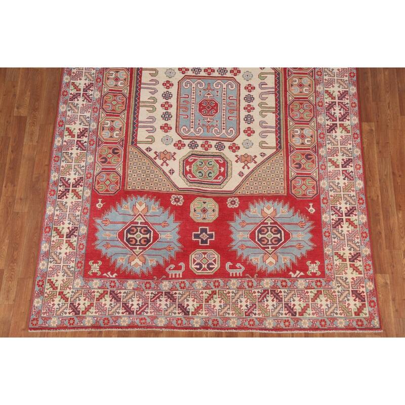 Hand Knotted Oriental 100% Wool Carpet Traditional Geometric Red Kazak Area Rug - 9' 7'' X 6' 4''