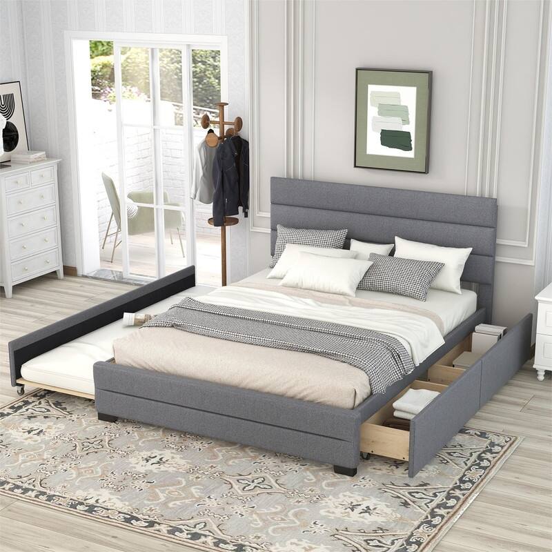 Upholstered Queen Size Platform Bed with 2 Storage Drawers and Twin Trundle Bed, Wood Queen Bed Frame with Linen Fabric - Grey