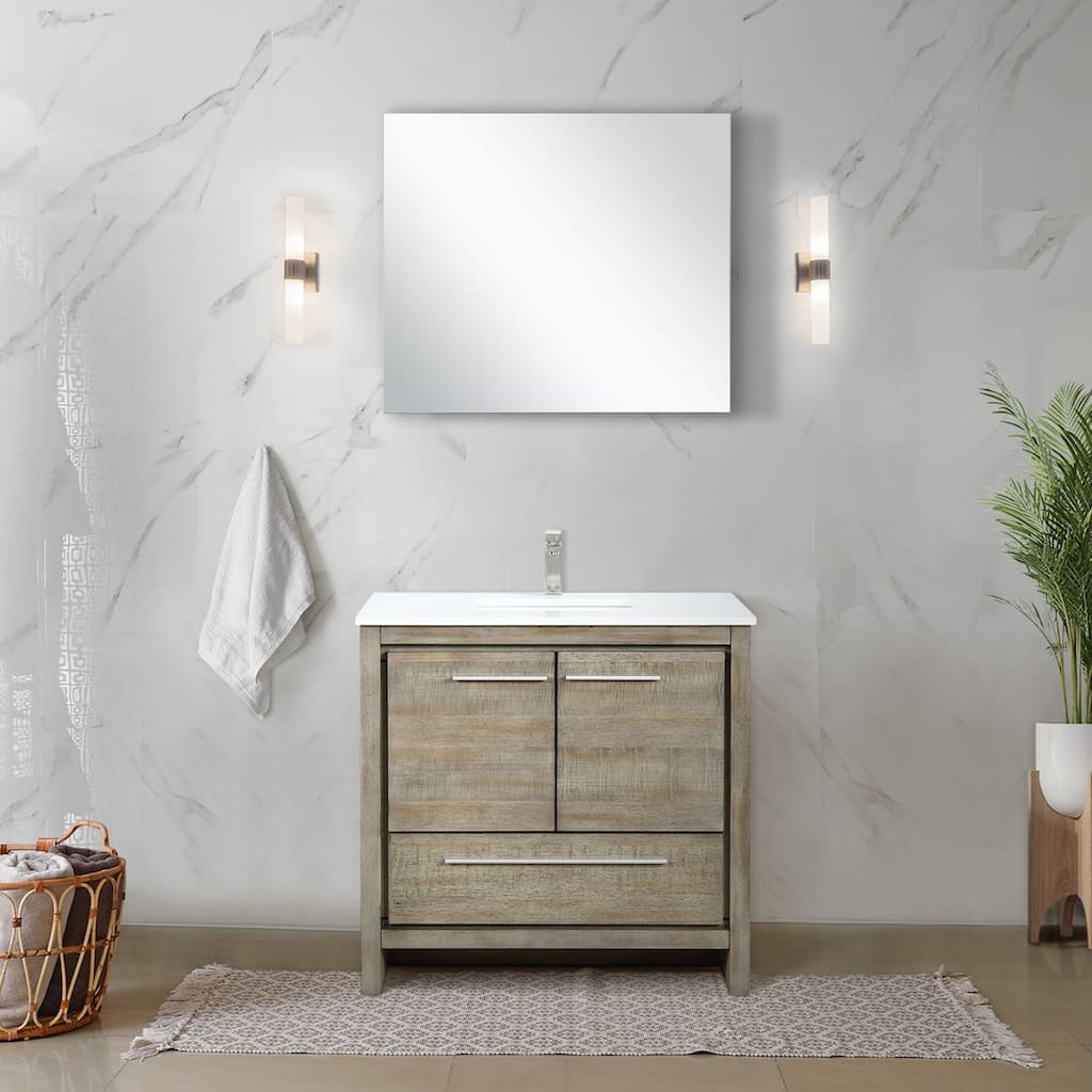 Lafarre 36 in W x 20 in D Rustic Acacia Bath Vanity, White Quartz Top and 28 in Mirror