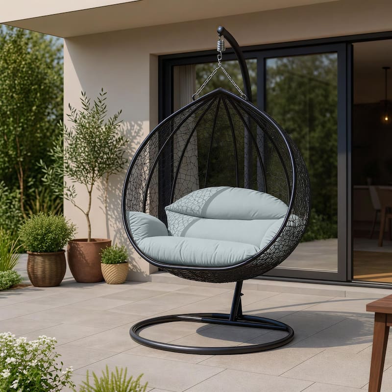 2-Person Outdoor Hanging Egg Chair with Teardrop Frame, Weather-Resistant Cotton Cushioned Seat for Patio and Indoor Use