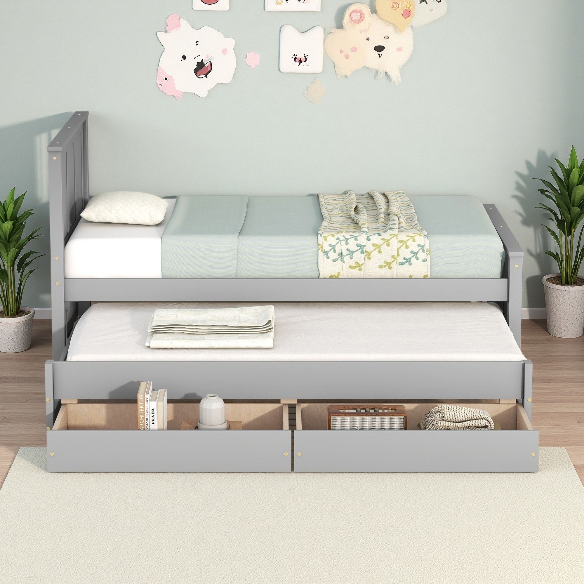 Twin Size Wood Platform Bed with Trundle, and Drawers
