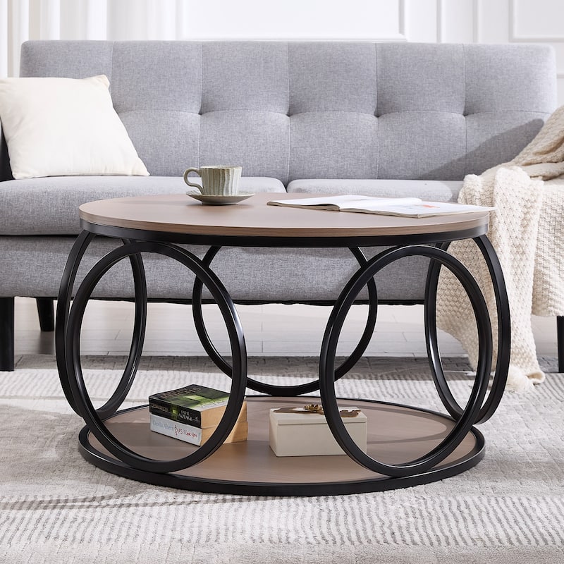 2-Tier Round Industrial Coffee Table with Metal Frame - 31.5"Dia x 18.7"H