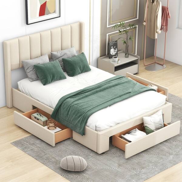 slide 2 of 33, Minimalist Design Full Size Upholstered Wooden Platform Bed with Headboard,3 Storage Drawers in Footboard Beige