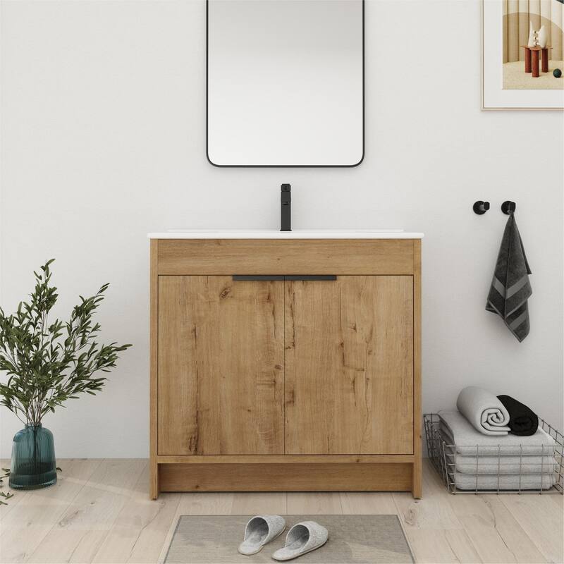 Bathroom Vanity With Sink In 24/30/36 Inch, Freestanding Bathroom Vanity With Soft Close Door and Adjustable Shelf - Imitative Oak - 35.9"W x 18.3"D x 34.3"H