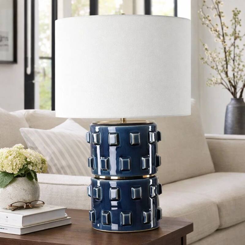 Table Lamp, 3D Raised Block Patterns, White Linen Shade, Blue 23 Inch