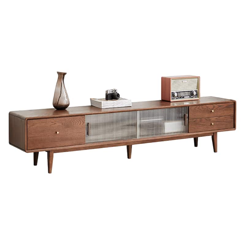 Walnut Color Grade A Solid Red Oak TV Cabinet with Glass Doors - 13.78 x 78.74 x 17.72