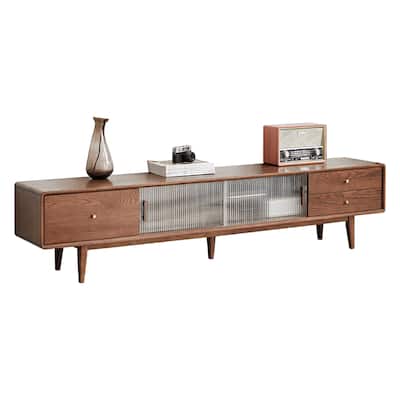 Walnut Color Grade A Solid Red Oak TV Cabinet with Glass Doors - 13.78 x 78.74 x 17.72