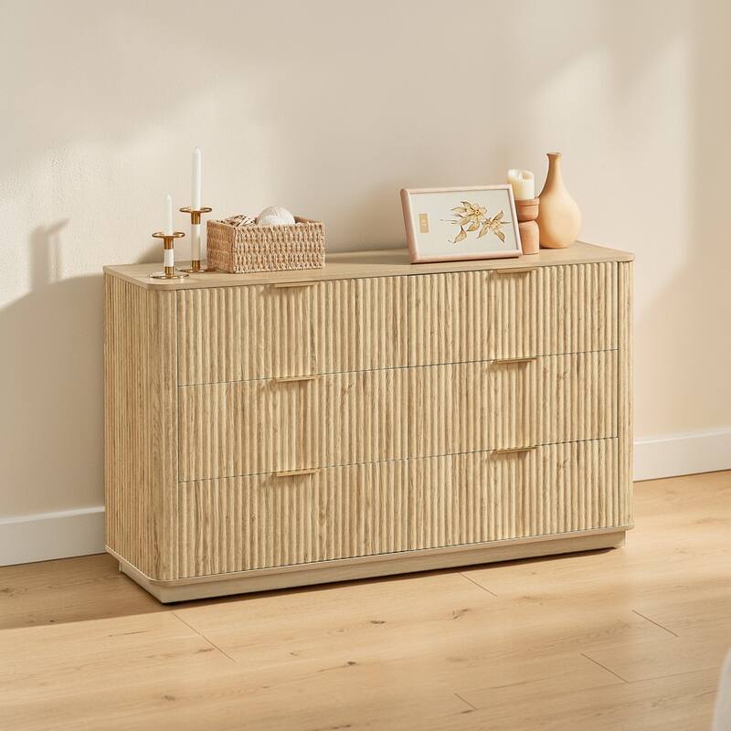 Modern 6 Drawer Dresser with Wave Front Design, Wide Storage Chest and TV Stand, 55" Wooden Organizer Cabinet
