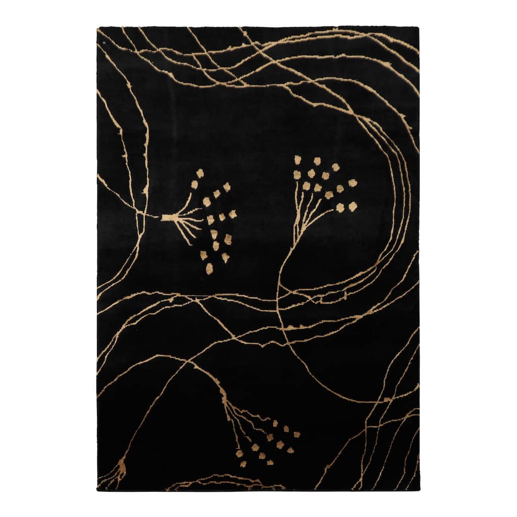 Wool & Silk Black Tibetan 4'x5'9'' Hand Knotted Contemporary Rug - 4' x 5' 9''