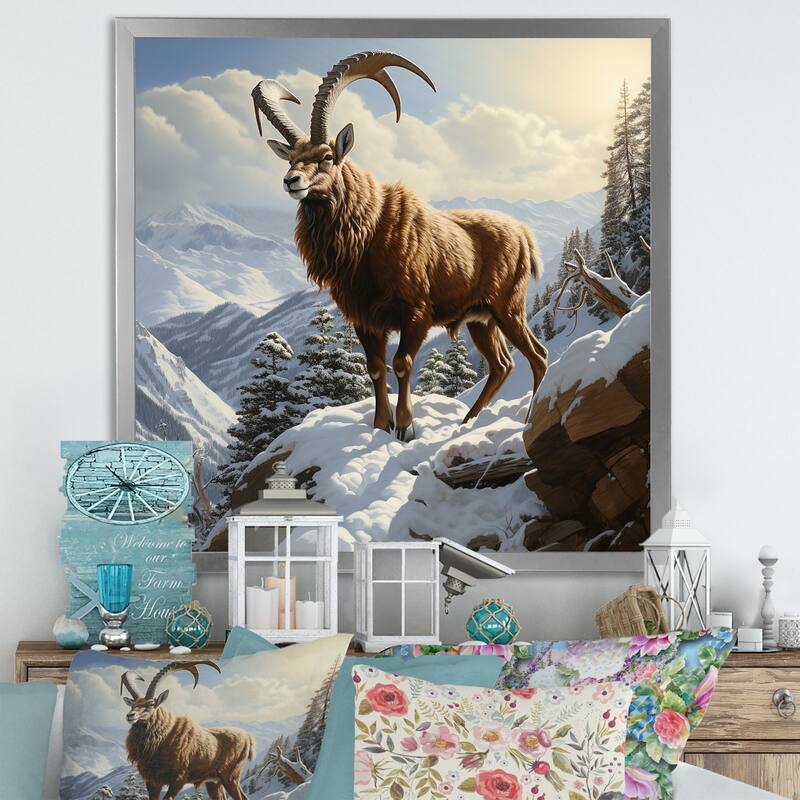 Designart "Minimalist Goat Winter Mountain Adventure" Goat Wall Decor Brown Modern Entryway Framed Wall Art Print - 16 in. wide x 16 in. high - Silver