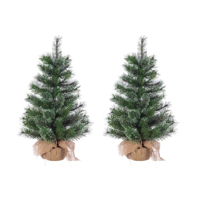 Set of 2 Un lit 30 inch Hard Needle Pine in Burlap Bag Base - N/A
