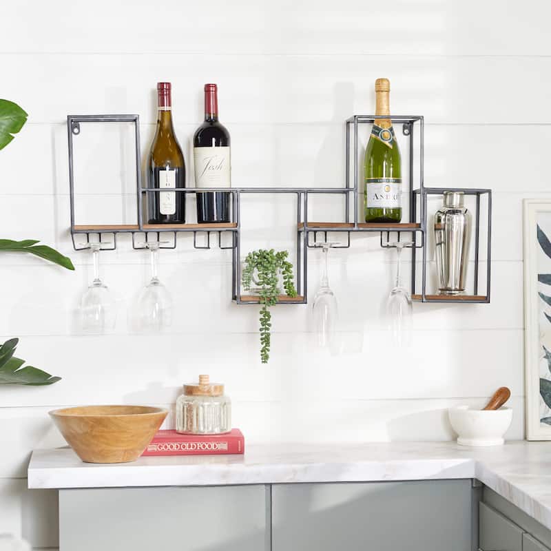 Metal Geometric 7 Bottle Wall Wine Rack with 5 Glass Holder Slots - Black - Roche River Decor - 6"W x 36"L x 16"H