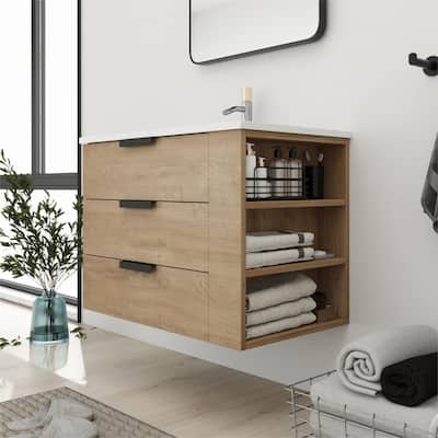 Bathroom Vanity With Sink In 30/36 Inch, Floating Bathroom Vanity With Soft Close Drawers and adjustable shelves