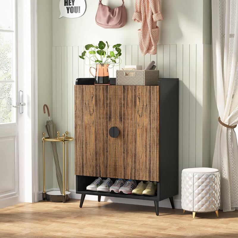 Shoe Cabinet with Doors, Entryway Shoe Storage Cabinet with Adjustable Shelves - 29.6" L x 13.8" D x 43.3" H - RusticBrown