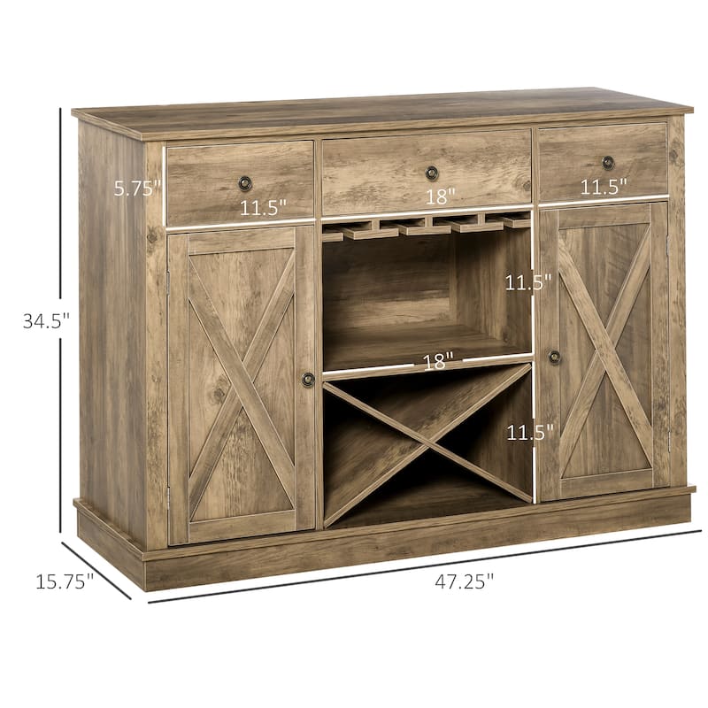 Farmhouse Coffee Bar Cabinet, Wine Cabinet with 3 Drawers, Sideboard Buffet Cabinet with X-Shaped Wine Rack and Stemware Holder