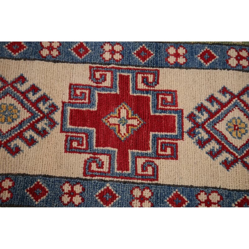 Red Geometric Kazak Oriental Area Rug Hand-Knotted Wool Carpet - 8'1" x 11'0"