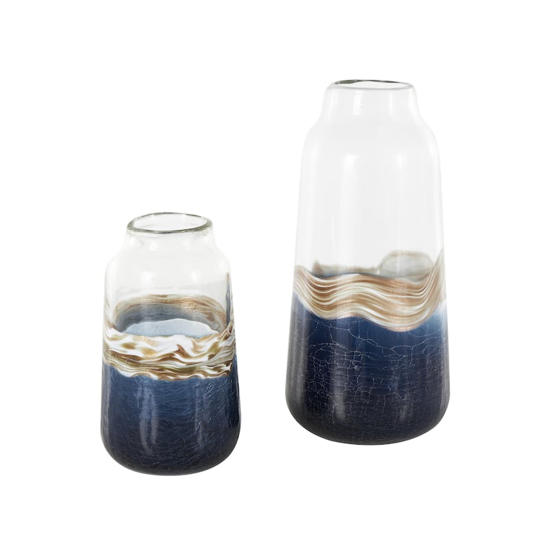 Glass Abstract Textured Swirl Decorative Vase with Gold and Cream Accents - Set of 2 Dark Blue - Roche River Decor