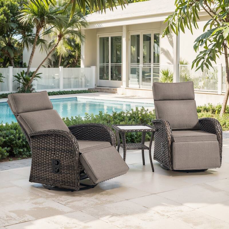 Meyreso 3-Piece Wicker Swivel Reclining Chaise Lounge with Adjustable Backrest & Footrest - Gray-2 Chairs+Table