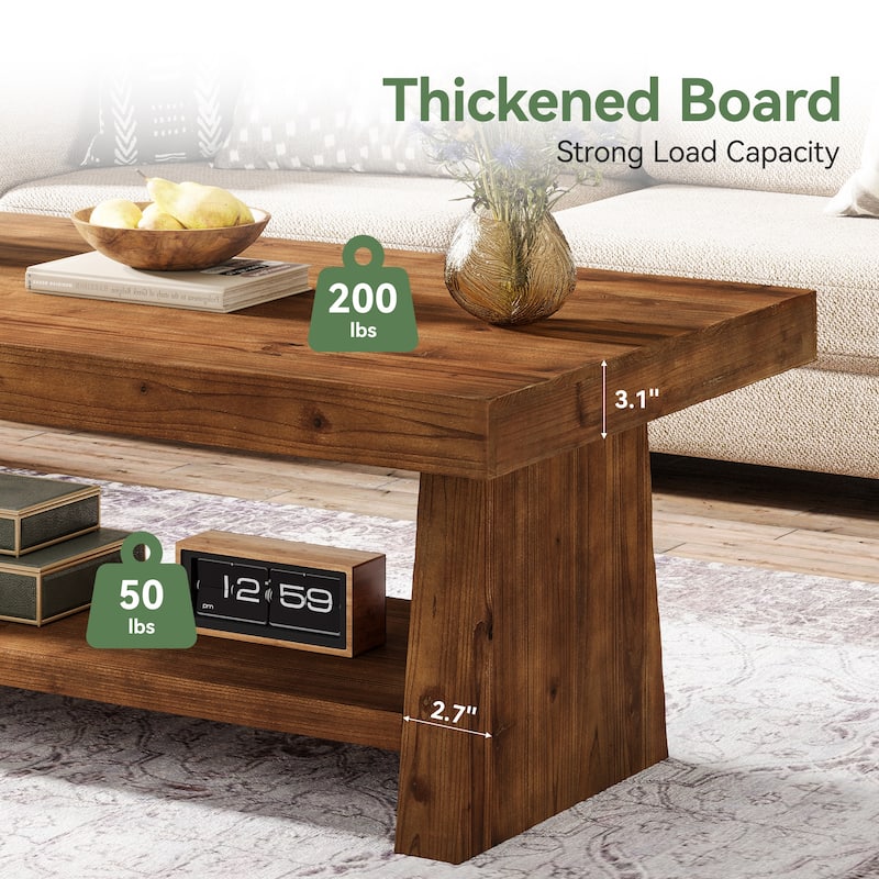 2 Tier Solid Wood Coffee Table for Living Room, 47 Inch Rectangular Center Table with Storage Shelves