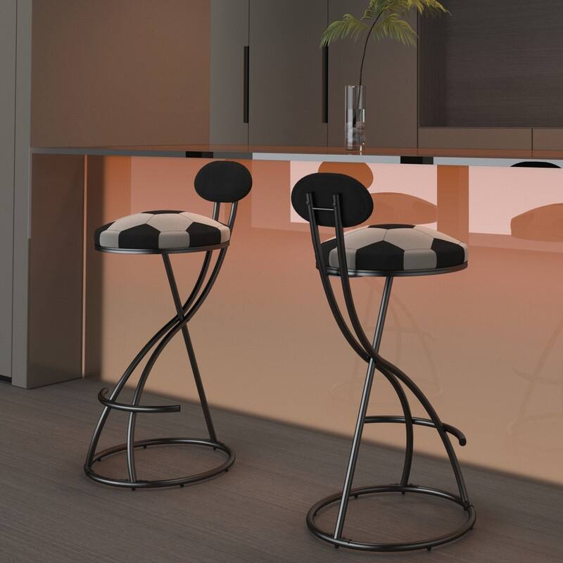 Football Print Bar Stools Set of 2 Upholstered Counter Height Barstool for Kitchen Island S-shaped Velvet Metal Dining Chairs