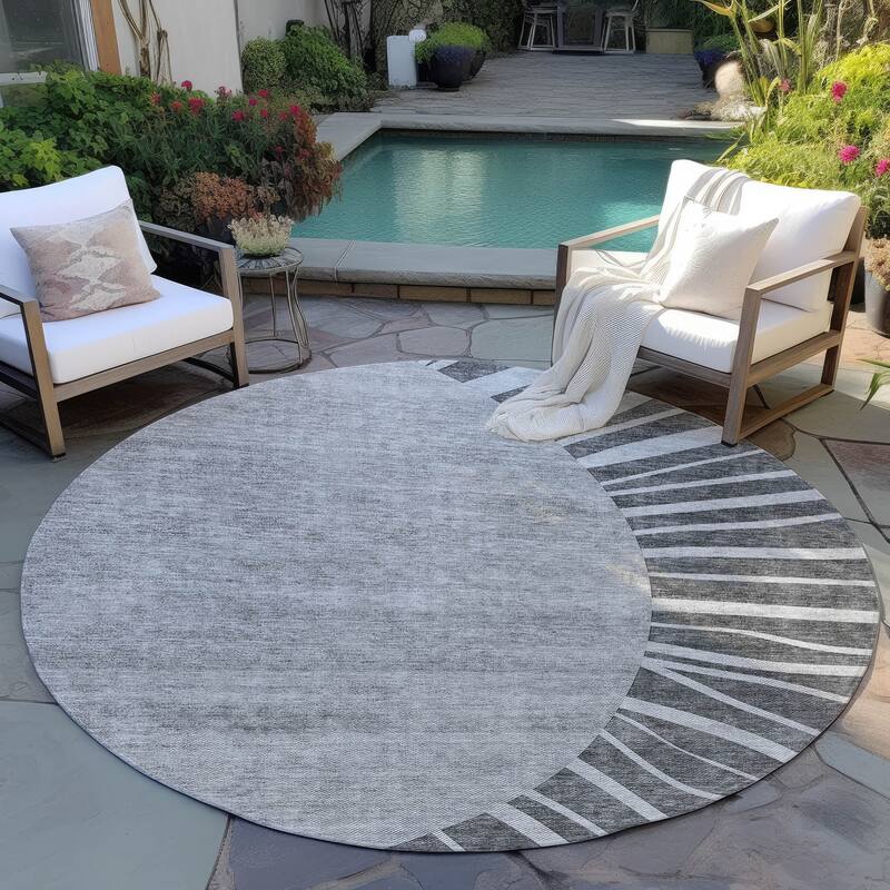 Machine Washable Indoor/ Outdoor Chantille Modern Sunburst Rug - Charcoal - 8' x 8'