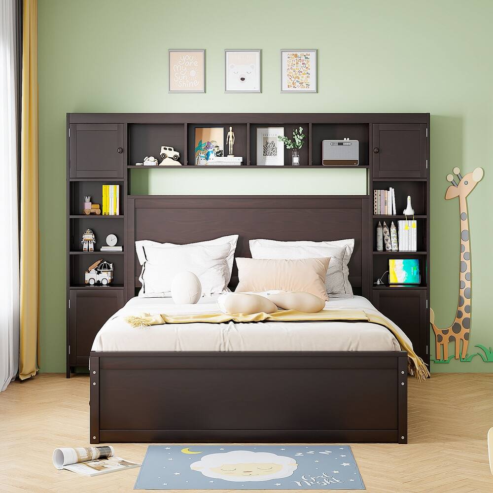 All-in-One Bookcase Bed Platform Bed with Trundle, Cabinet, Shelf and Sockets