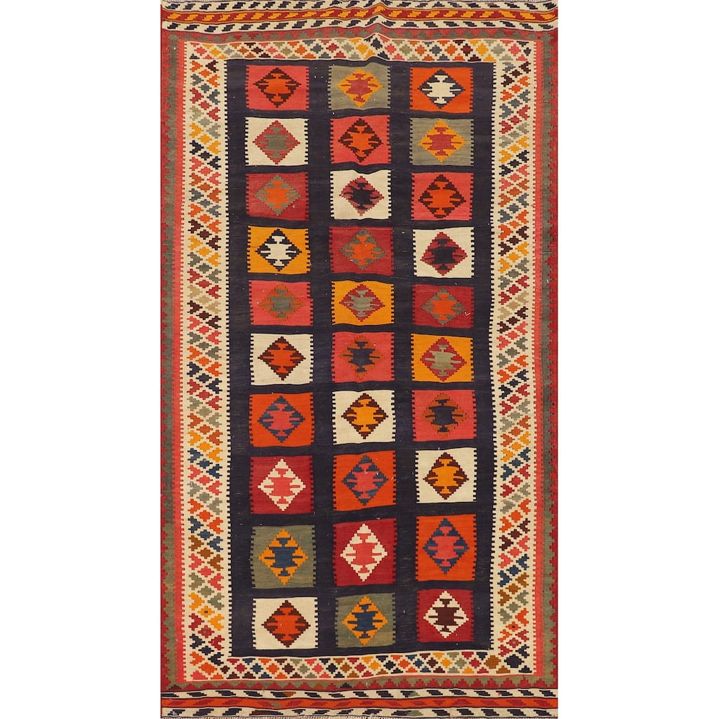 Blue Kilim Qashqai Persian Vintage Area Rug Hand-Woven Wool Carpet - 4'7"x 8'8"