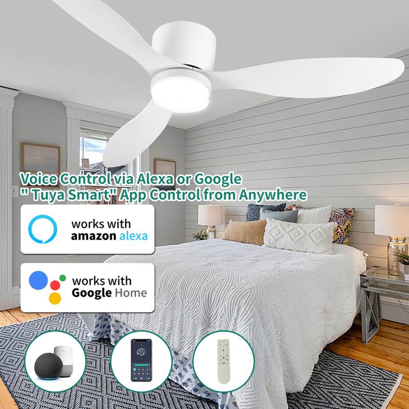 52" Smart Flush Mount Ceiling Fans with Lights Remote,Quiet DC Motor, Low Profile white Ceiling Fan,Control with WIFI Alexa App