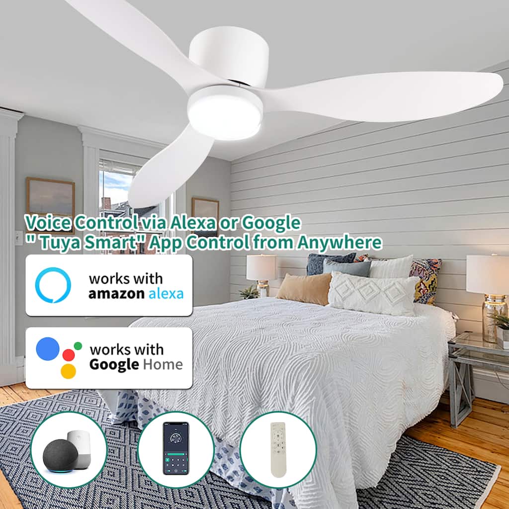 52" Smart Flush Mount Ceiling Fans with Lights Remote,Quiet DC Motor,Outdoor Indoor Low Profile white Ceiling Fan