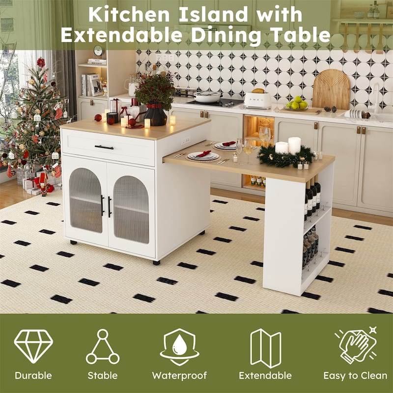 80" Expandable Kitchen Island with Dining Table, Mobile Storage Cart with Cabinet