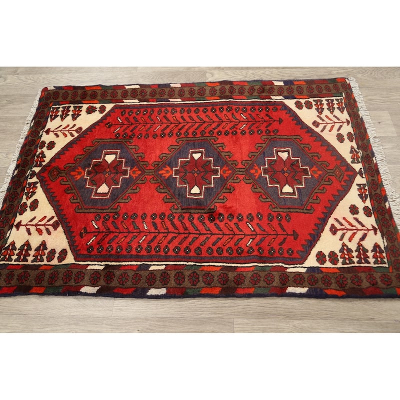 Geometric Persian Hamedan Area Rug Wool Handmade Foyer Carpet - 3'3" x 4'6"