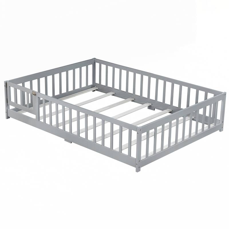 Rubber Wood Floor Bed with Safety Guardrails