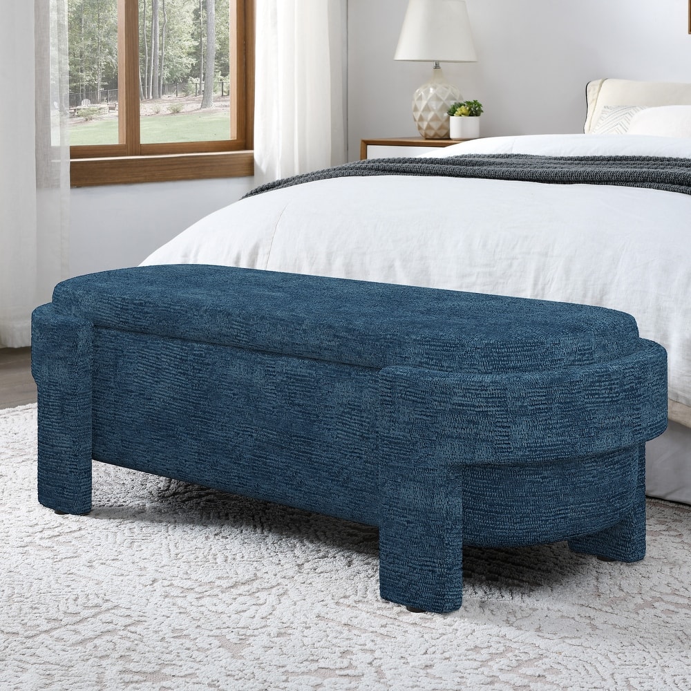 Oval End of Bed Bench, Linen Fabric Upholstered Storage Bench, Entryway Bench with Hidden Storage Space & Support Legs