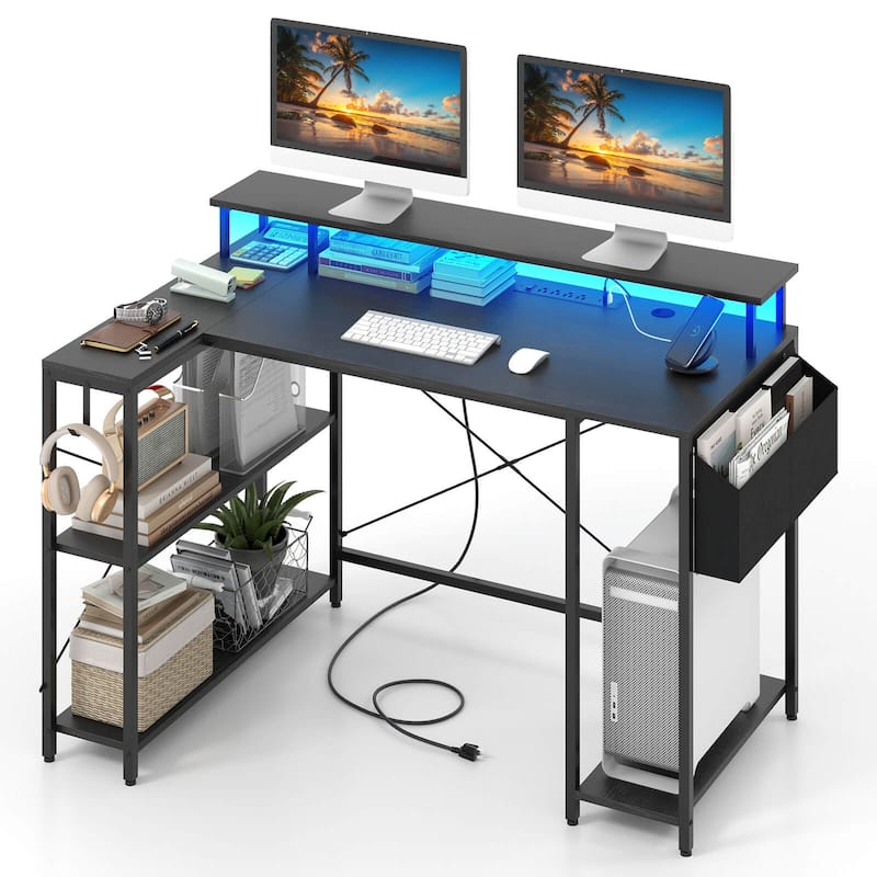 Costway 48" L-Shaped Gaming Desk with LED Lights & Power Outlets